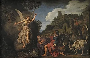Englen Rafael tager afsked med den gamle Tobit og hans søn Tobias by Pieter Lastman