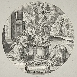 Englen træder ind i flammerne på Manoas og hans hustrus alter by Philips Galle