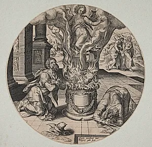 Englen træder op i flammen på Manoa og hans kones alter by Philips Galle