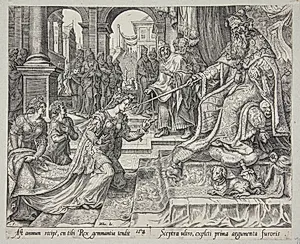 Ester for Ahasverus, indbyder ham til gæstebud by Philips Galle