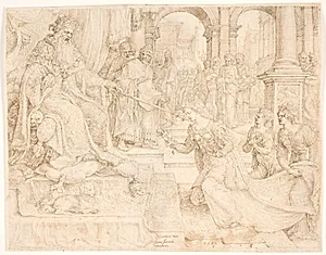 Ester knæler for Ahasverus by Maarten van Heemskerck