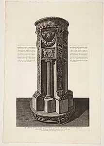 Ét af to identiske altre, dedikeret til Apollon og udsmykket med medusahoveder og græske nøglemotiver; fundet i Pompejus Magnus' villa i Albano by Giovanni Battista Piranesi
