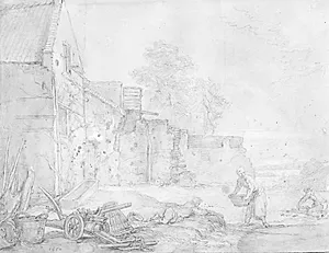 Et bondehus mellem ruiner, i forgrunden t.h. vaskerpiger by Abraham Bloemaert