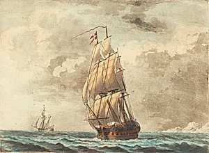Et dansk orlog-skib seilende for en sløring by Niels Truslew