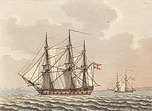 Et dansk orlog skib til ankers, tørende sine skib by Niels Truslew
