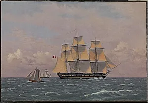 Et dansk orlogsskib "Dronning Marie" på 84 kanoner under sejl i Sundet by C.W. Eckersberg