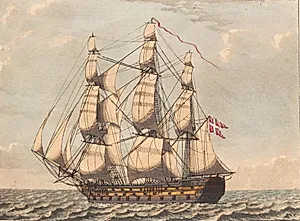 Et dansk orlov skib, at se i læ, med sidevind by Niels Truslew