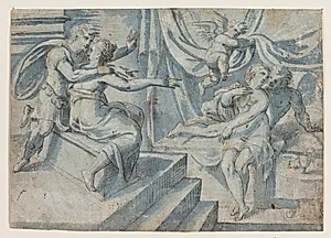Et elskende par på en seng afsløres af en putto for en romersk soldat og hans kvinde by Ubekendt