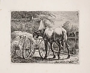 Et gårdsrum med en ædende hest by Johannes Wilhelm Zillen