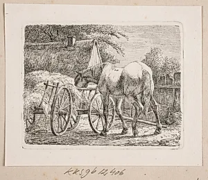 Et gårdsrum med en ædende hest by Johannes Wilhelm Zillen