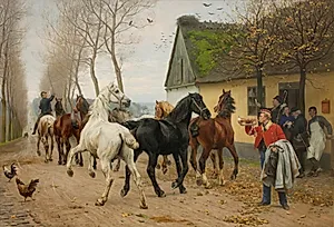 Et kobbel heste uden for en kro by Otto Bache