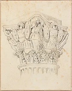 Et korintisk kapitæl med kvindefigurer på hjørnerne by Constantin Hansen
