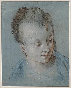 Et kvindehoved vendt mod højre by Rosalba Carriera