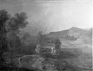 Et landskab med bjerge, en flod og et stort monument by Ubekendt