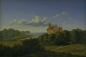 Et landskab med en herregård. Komposition by Thorald Læssøe