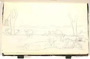 Et landskab med to træer, en mølle og nogle køer by P.C. Skovgaard