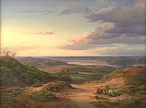 Et landskab ved Himmelbjerget. I forgrunden en taterfamilie by Louis Gurlitt