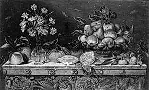 Et lille frugtstykke med blomster i vase by Ubekendt