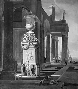 Et monument ved en havn by Jan Baptist Weenix