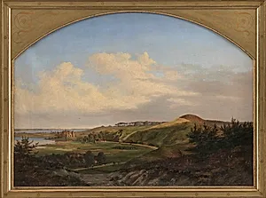 Et nordsjællandsk landskab. Motivet taget fra den egn ved Arresø hvor Valdemar Sejr byggede Dronningholm Slot til minde om dronning Dagmar by Thorald Læssøe