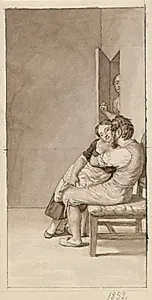 Et par belures af en kvinde i en halvåben dør by C.W. Eckersberg