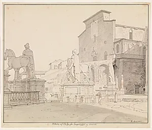 Et parti af Piazza del Campidoglio set mod balustraden med Dioskurerne og kirken S. Maria in Aracoeli by C.W. Eckersberg