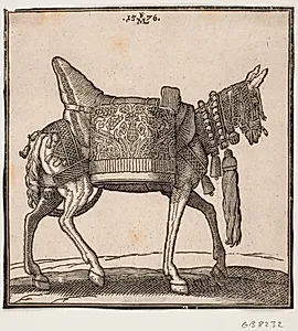 Et prægtigt udstyret mulæsel, profil mod h. by Melchior Lorck