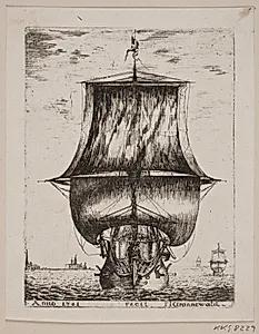 Et sejlende orlogsskib, i baggrunden Kronborg by Poul Isac Grønvold