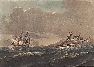 Et skib klarende landet fra sig, og en brig, som, drivende for ankeret, forlisen paa en blind klippe by Niels Truslew