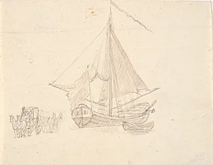 Et skib med sejl og vimpel og en jolle. T.v. to hestevogne by C.A. Lorentzen