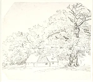 Et skovløberhus, ved siden af et mægtigt egetræ by Dankvart Dreyer