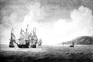 Et søslag mellem hollandske og spanske linieskibe by Abraham de Verwer