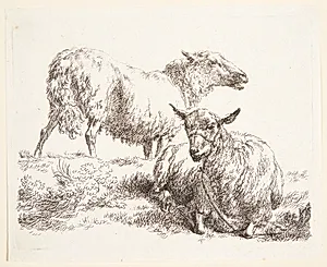 Et stående og et liggende får by Nicolaes Berchem
