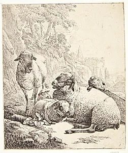 Et stående og fire liggende får by Johann Heinrich Roos