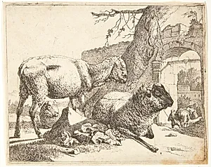 Et stående og to liggende får nær en romersk portal by Johann Heinrich Roos
