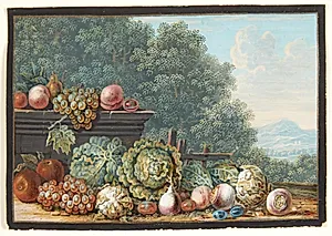 Et stilleben med grøntsager og frugter. I baggrunden udsigt til et sydlandsk bjerglandskab by Johann Dietzsch
