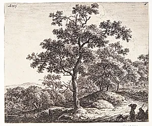 Et stort træ, t.h. to vejfarende med hunde by Anthonie Waterloo