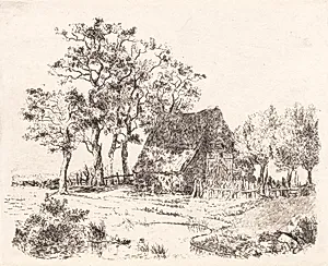 Et stråtækt hus imellem træer by Thorald Læssøe
