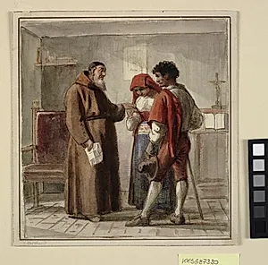 Et ungt bondepar hos en munk i hans celle by Wilhelm Marstrand