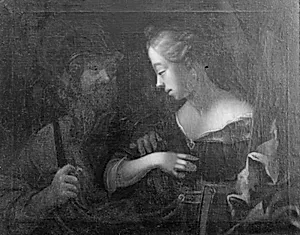 Et ungt fruentimmer i blå kjole, samtaler med en gammel mand by Jacob d' Agar