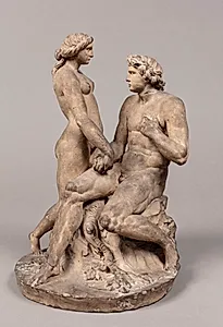 Eva frister Adam. Den stående Eva giver æblet til den siddende Adam by Hartman Beeken