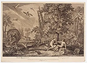 Eva rækker æblet til Adam by Johann Elias Ridinger
