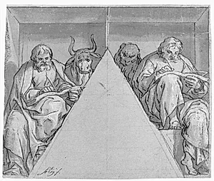 Evangelisterne Lukas og Markus på hver sin side af et trekantet felt