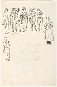 F.o. en række stående mænd, kvinde med barn. F.n. bogskab med hane by Lorenz Frølich