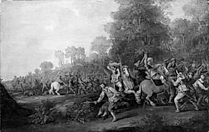 Fægtning mellem ryttere og fodfolk by Herman Doncker
