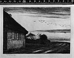 Fængselsscene med Polichinel og en fangevogter ved et bord med to dommere? by Jens Petersen Lund