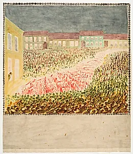Fakkeltoget til H.C. Andersen i Odense. Udkast til freskodekorationer i H.C. Andersen Mindehallen i Odense by Niels Larsen Stevns