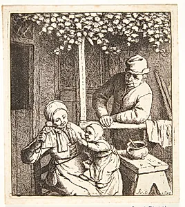 Familie uden for et bondehus, moren med en trædukke i hånden by Adriaen van Ostade