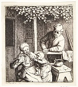 Familie uden for et bondehus, moren med en trædukke i hånden by Adriaen van Ostade