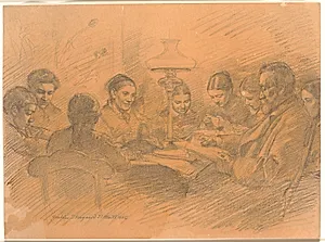 Familien Johan Lange samlet omkring lampen by Joakim Skovgaard